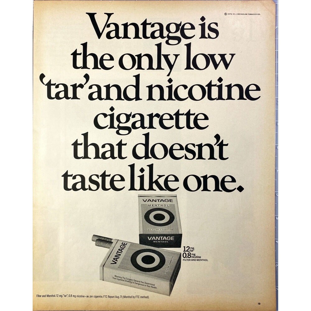 Vantage Low Tar & Nicotine Cigarettes "Does not taste like One"Vtg Print Ad 1972